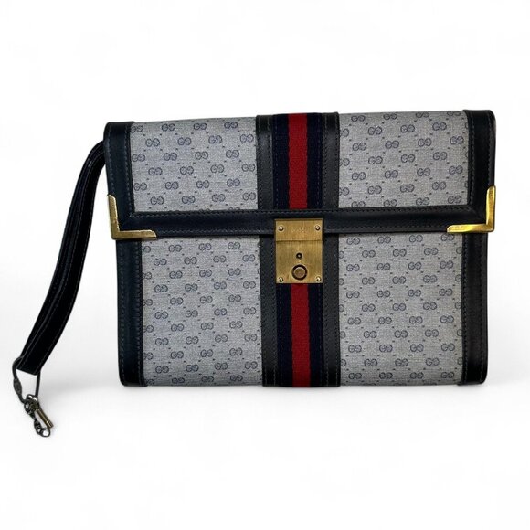 GUCCI Shelly Line Grey and Navy Blue Monogram Canvas Clutch w Stripes, Unisex - Picture 1 of 16